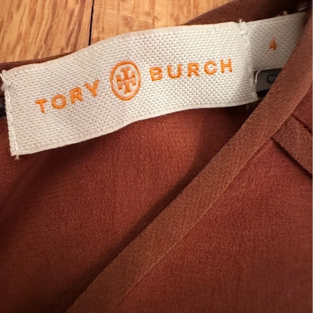 Tory Burch SILK Rust Brown Striped Floral Pattern tee Boho Size 4 (#)